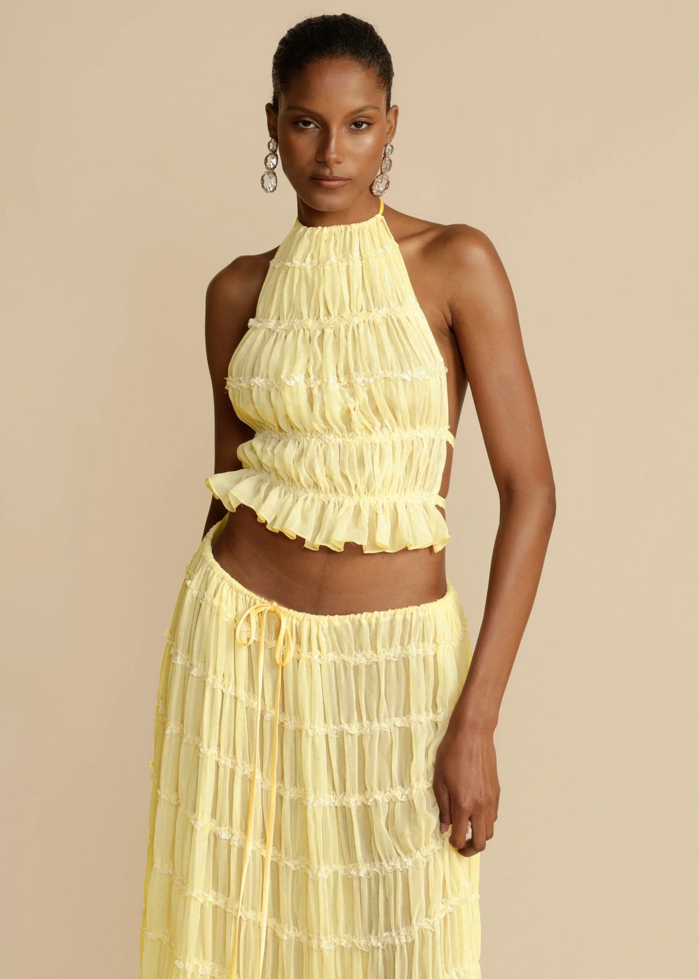 2pcs Women's Dress Suit Sexy Sleeveless Backless Cropped Halter Top And Pleated Long Skirt Beach Women's Garments Apparel / Clothing