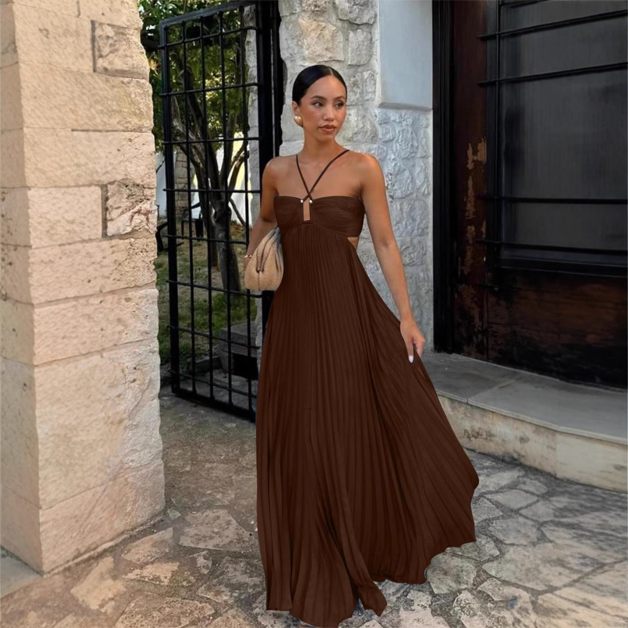 Ins Pleated Sleeveless Sling Dress Hollow High Waist Halter Robe Dresses For Evening Party Club Women's Garments Apparel / Clothing
