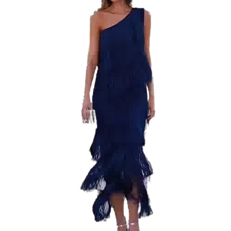 Women's Solid Color Diagonal Collar Multi-layer Tassel Stitching Design Dress Women's Garments Apparel / Clothing