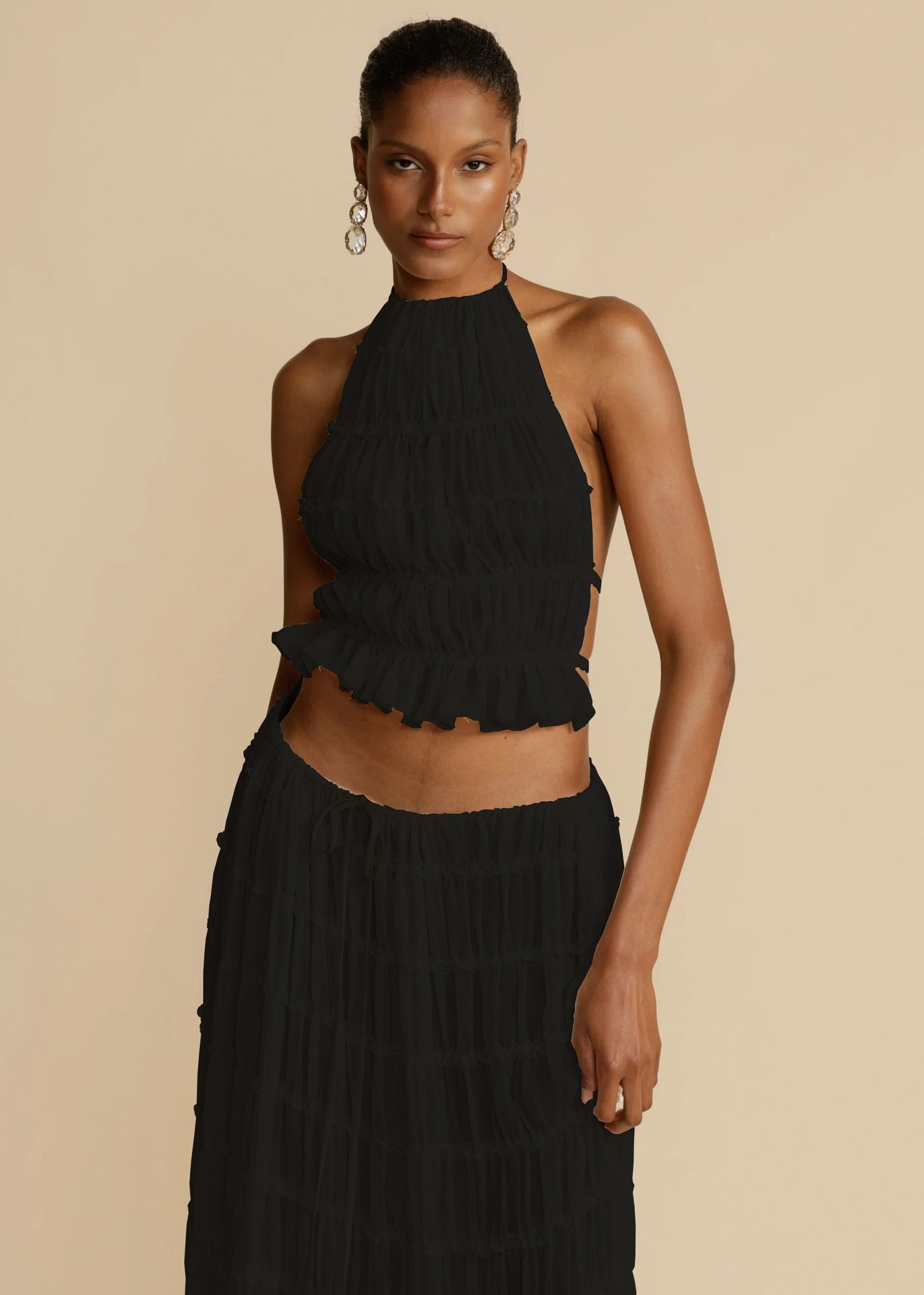 2pcs Women's Dress Suit Sexy Sleeveless Backless Cropped Halter Top And Pleated Long Skirt Beach Women's Garments Apparel / Clothing
