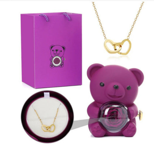 Eternal Rose Teddy Bear Gift Box with Necklace – Rotating Rose Jewelry Box & Storage Case for Women & Girlfriend, Perfect for Valentine's Day, Wedding & More