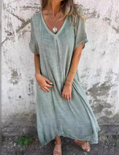 Women's Fashion Temperament Cotton Linen V-neck Semi-formal Dress Women's Garments Apparel / Clothing