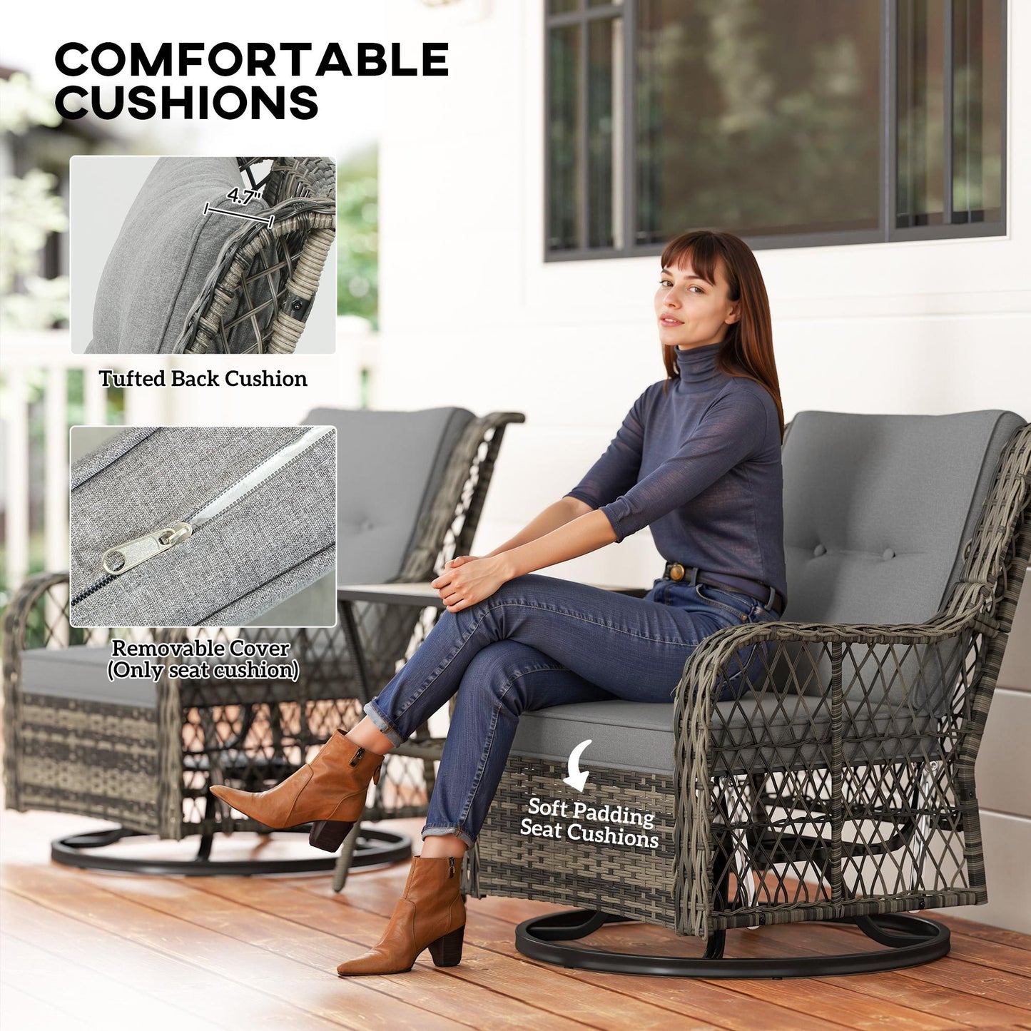 3 Piece Outdoor Bistro Set, Wicker Small Patio Set With Swivel Glider Chairs For Balcony, Porch, Gray Outdoor Garden Patio Furniture