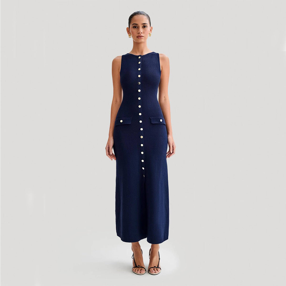 Elegant Knitted Sleeveless Dress With Single Breast Fashion Slim Round Neck Long Dresses Women's Garments Apparel / Clothing