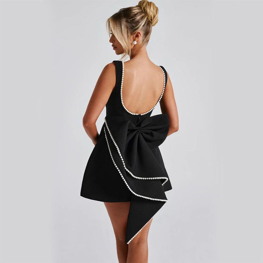 Fashion Big-Bowed Pearls Backless Dress Summer Slim Sleeveless A-line Dresses For Party Evening Women's Garments Apparel / Clothing