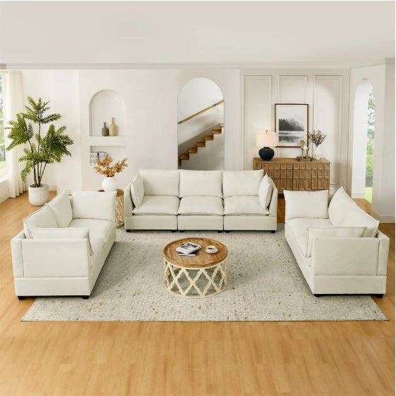 3-Piece Chenille Fabric Upholstered Living Room Furniture Set, Including 3-Seater Sofa AndV2 Loveseat Sofa With Seat And Back Cushion Beige White Furniture