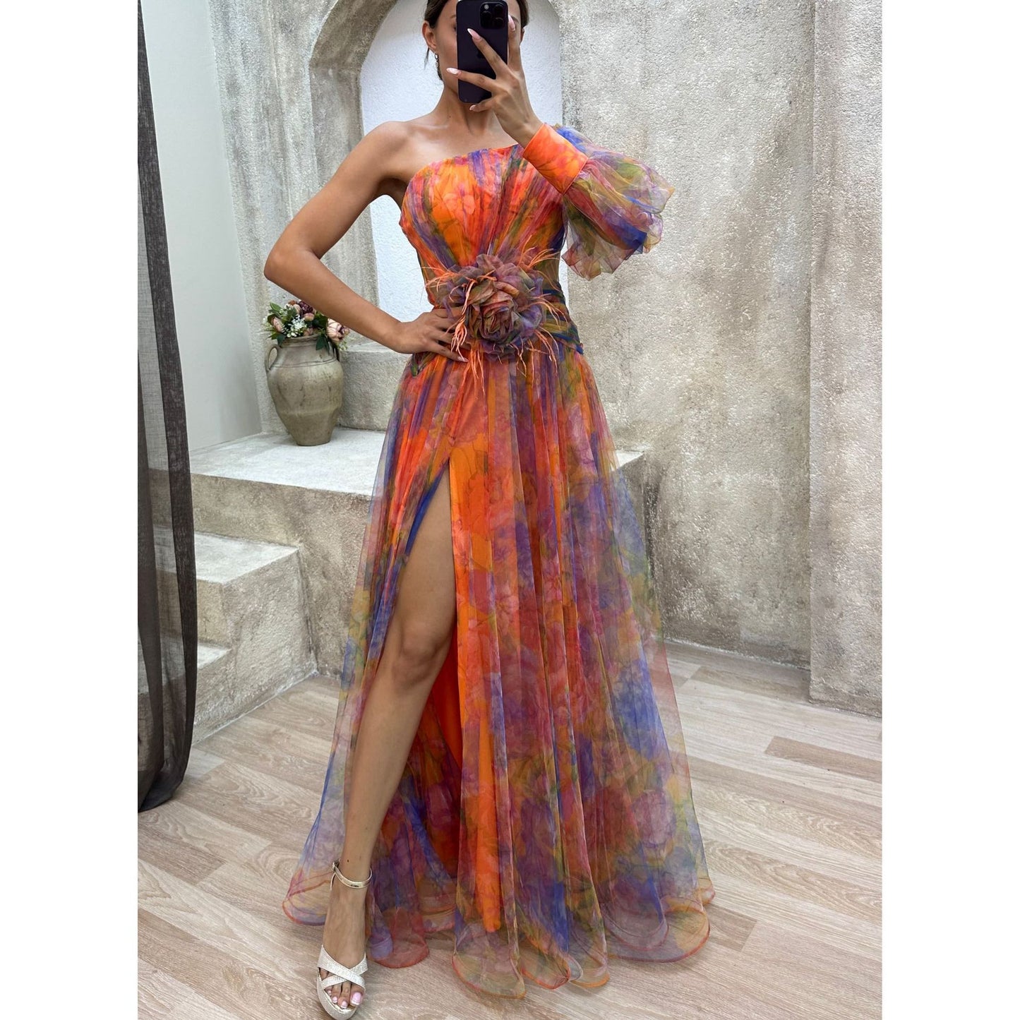 Mesh Tie-dye Printed Off-shoulder Slit Dress Summer INS Fashion Long Dress Party Women's Garments Apparel / Clothing