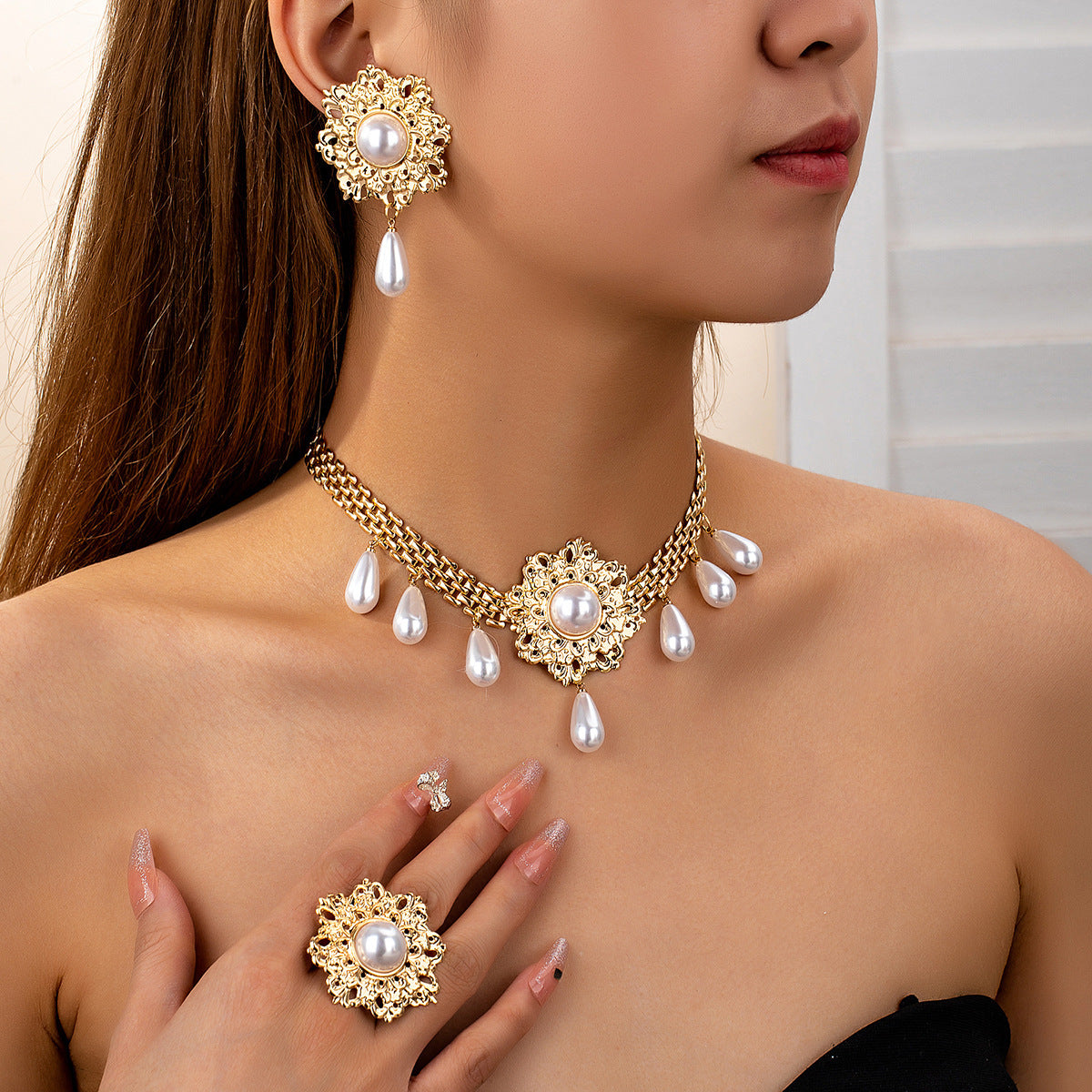 French Retro Hollow Flower Pearl Tassel Necklace Ear Stud Ring Jewelry & Accessories