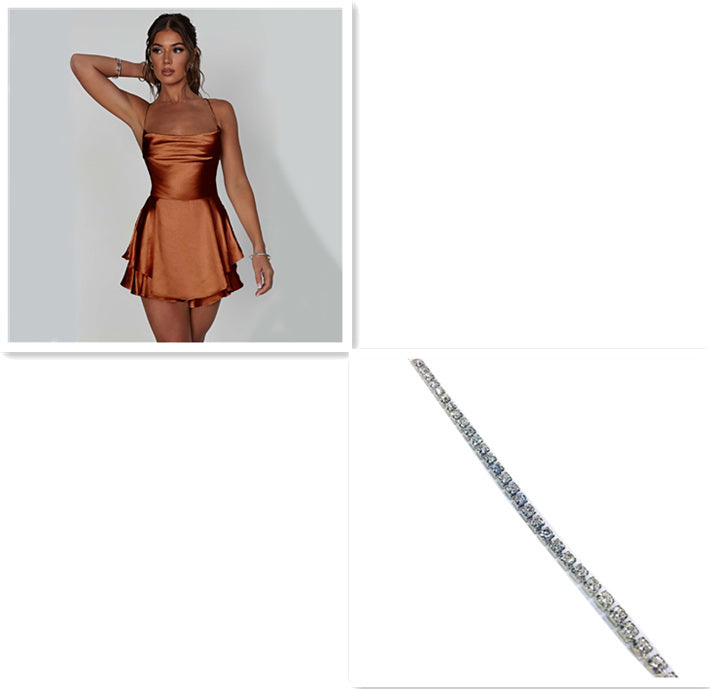 Sexy Suspender Skirt For Women Elegant Slim Strap Satin Backless Lace Up A-Line Short Dress Lady Women's Garments Apparel / Clothing