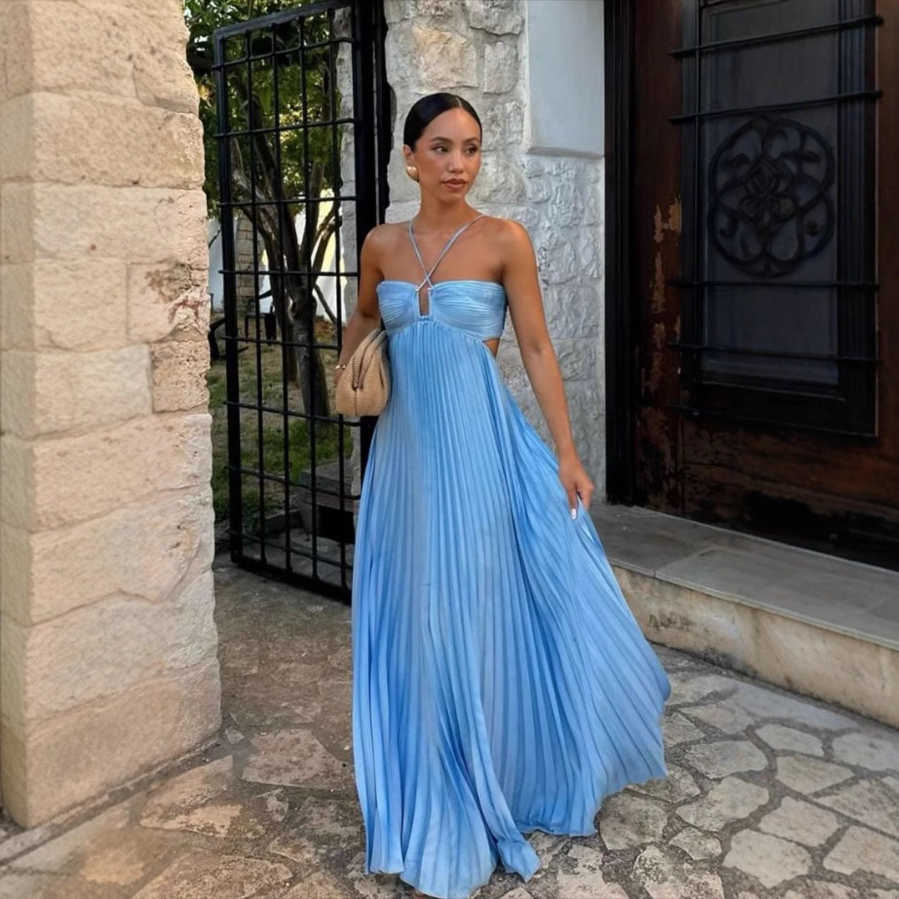 Ins Pleated Sleeveless Sling Dress Hollow High Waist Halter Robe Dresses For Evening Party Club Women's Garments Apparel / Clothing