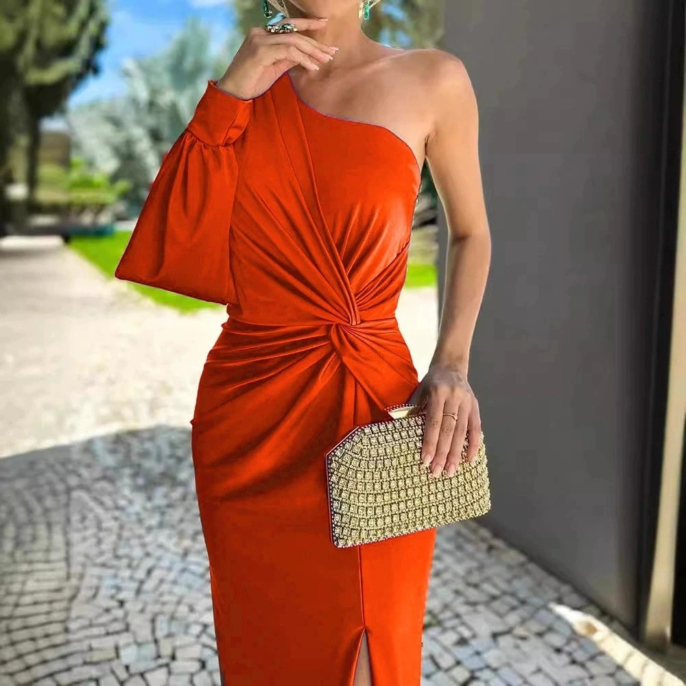 Women's Diagonal Shoulder Knot Split Solid Color Slim Fit Dress Women's Garments Apparel / Clothing