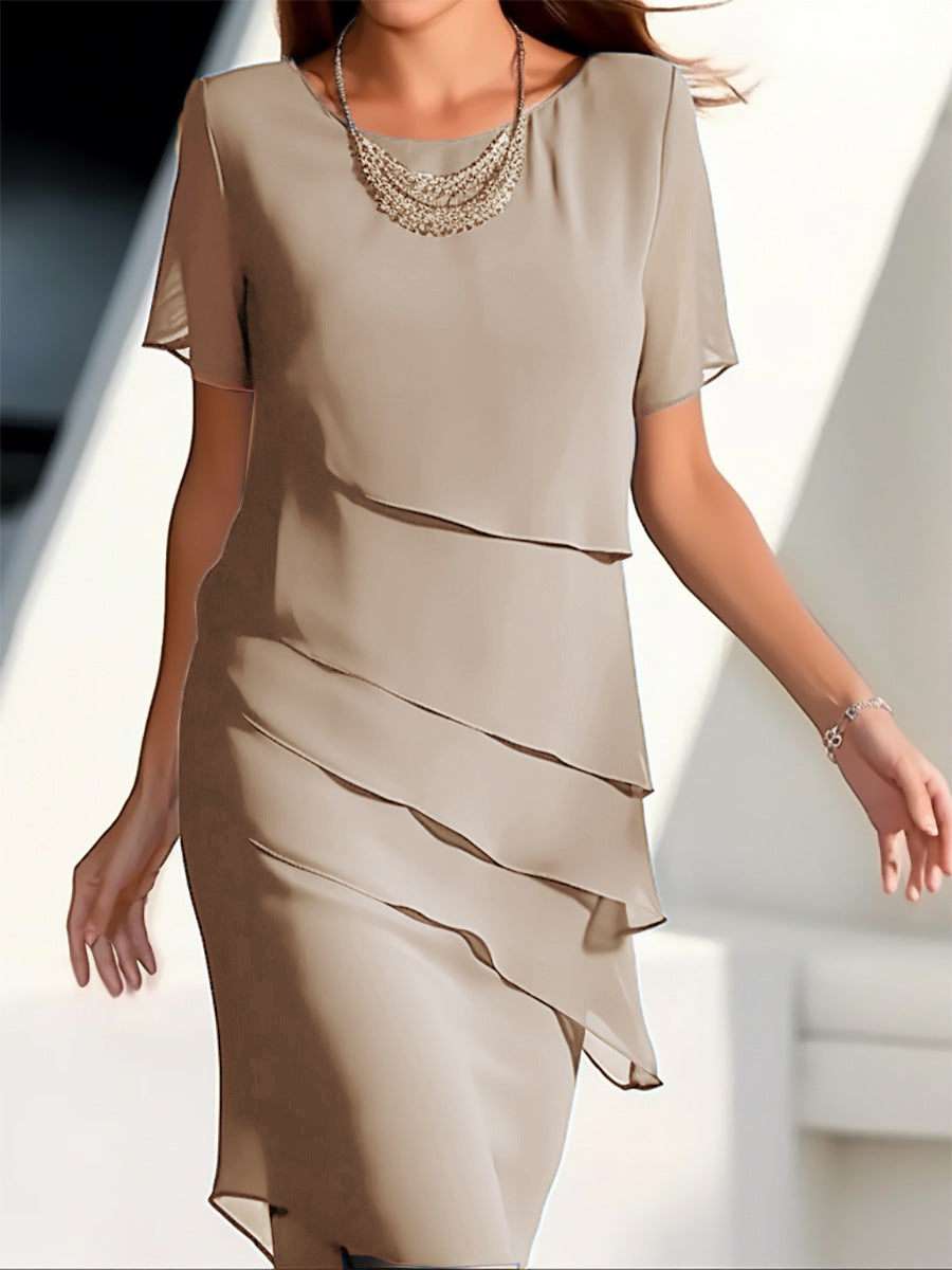 Women's Dress Chiffon Patchwork Round Neck Short Sleeve Women's Garments Apparel / Clothing