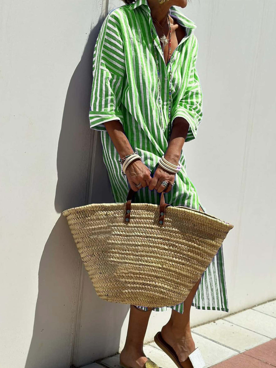 Striped Shirt Dress With Belt Fashion Half-sleeved Lapel Button Cardigan Dresses Women's Garments Apparel / Clothing