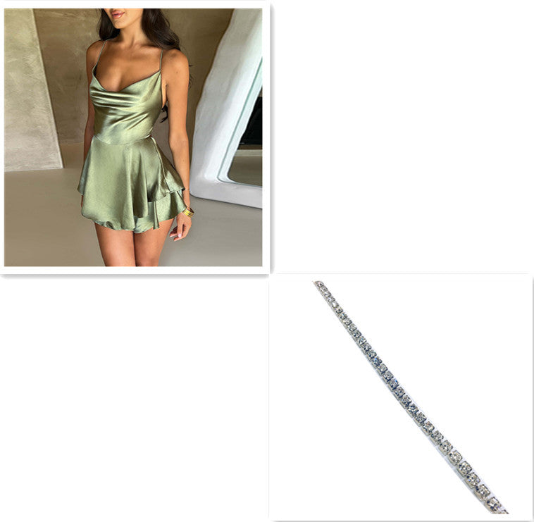 Sexy Suspender Skirt For Women Elegant Slim Strap Satin Backless Lace Up A-Line Short Dress Lady Women's Garments Apparel / Clothing