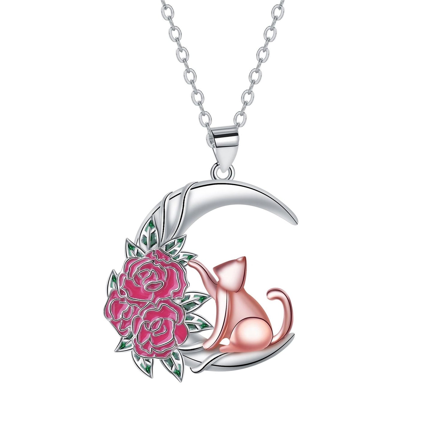 Cute Fashion Moon Cat Rose Pendant Necklace For Women Jewelry/Accessories