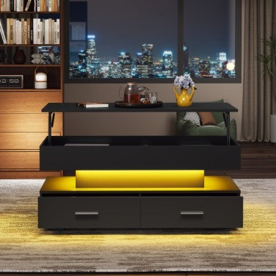 Hydraulic Lift Top Coffee Table, LED Coffee Tables With Storage For Living Room, Coffee Table With 2 Drawers & LED Light For Dining Reception Room, Black Furniture