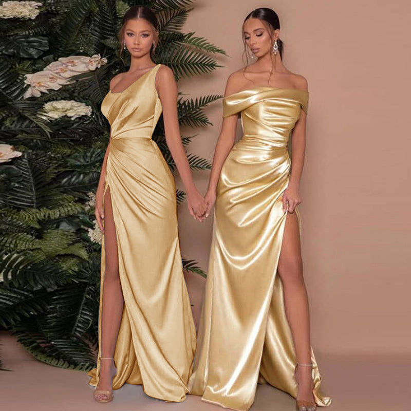Woven Single Shoulder Fishbone Waistband Slit Dress For Women's Garments Apparel / Clothing