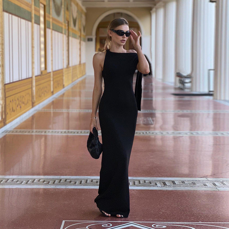 One-shoulder Ribbon Long Dress Ins Fashion Slim Sleeveless Dresses For Evening Party Club Women's Garments Apparel / Clothing