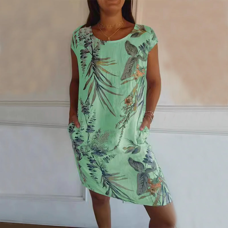 Flower And Leaf Printed Straight Dress Summer Loose Round Neck Short Sleeve Dresses Women's Garments Apparel / Clothing