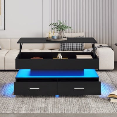Hydraulic Lift Top Coffee Table, LED Coffee Tables With Storage For Living Room, Coffee Table With 2 Drawers & LED Light For Dining Reception Room, Black Furniture