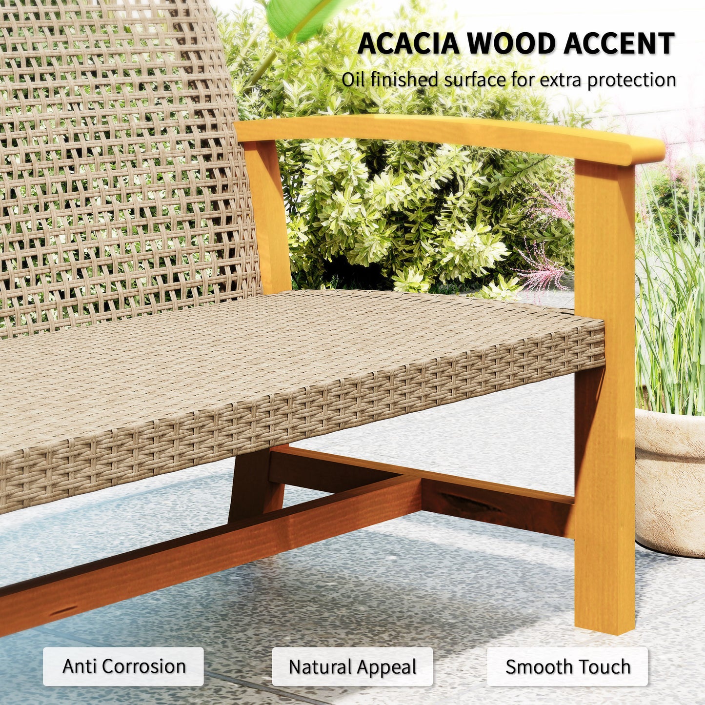 3-Seat Wicker Outdoor Couch Patio Sofa, Acacia Wood With Steel Seat Armrests, Capacity, Teak Outdoor Garden Patio Furniture