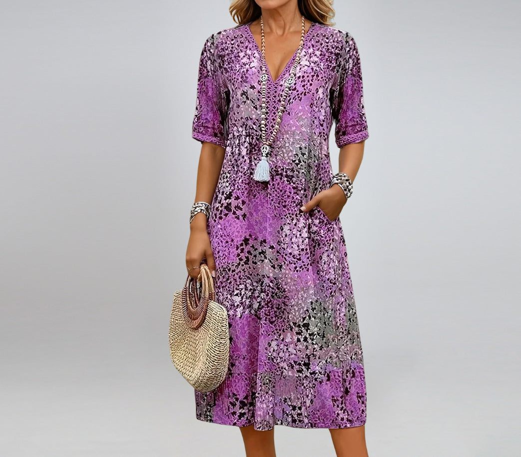 Summer V-neck Half-sleeved Dress With Pockets Fashion Ethnic Print Dresses Beach Holiday Women's Garments Apparel / Clothing