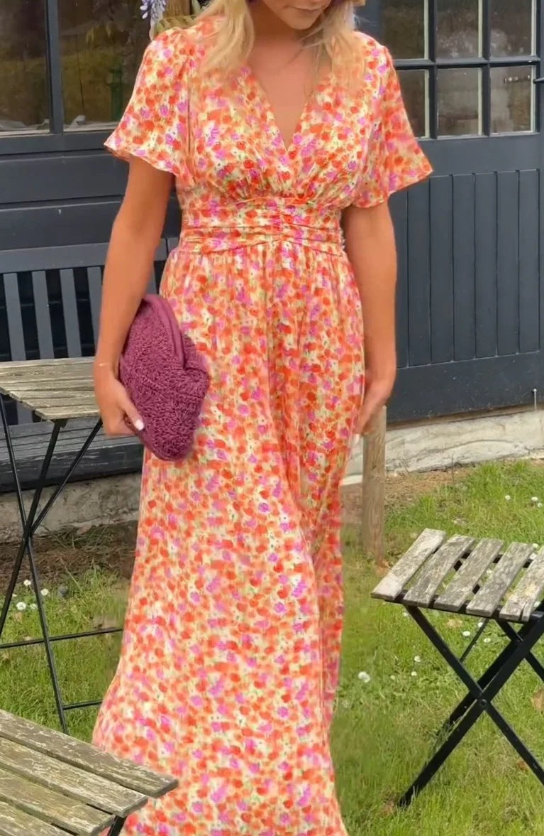 Printed Waist-controlled V-neck Dress Women's Garments Apparel / Clothing