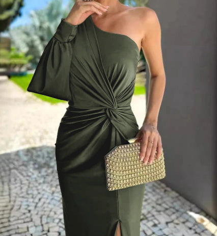 Women's Diagonal Shoulder Knot Split Solid Color Slim Fit Dress Women's Garments Apparel / Clothing