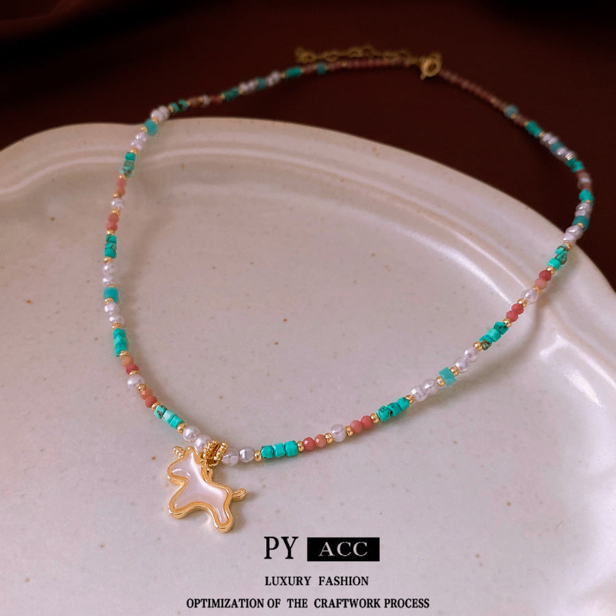 Colorful Stone Stringed Pearls Pendant Necklace All-match Necklace Clavicle Chain Jewelry & Accessories
