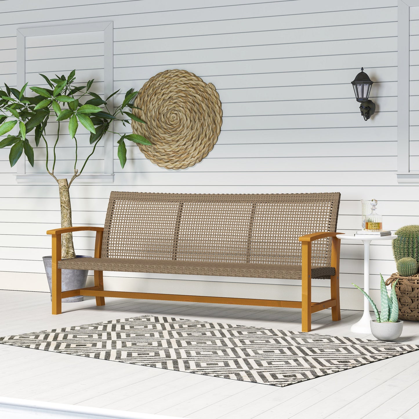 3-Seat Wicker Outdoor Couch Patio Sofa, Acacia Wood With Steel Seat Armrests, Capacity, Teak Outdoor Garden Patio Furniture