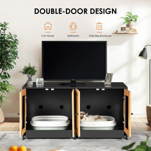 Double Litter Box Enclosure,Cat Litter Box Enclosure For 2 Cats, Hidden Litter Box Furniture With Rattan Doors, 47 L X 19.8 W X 21.8 H,Black Furniture