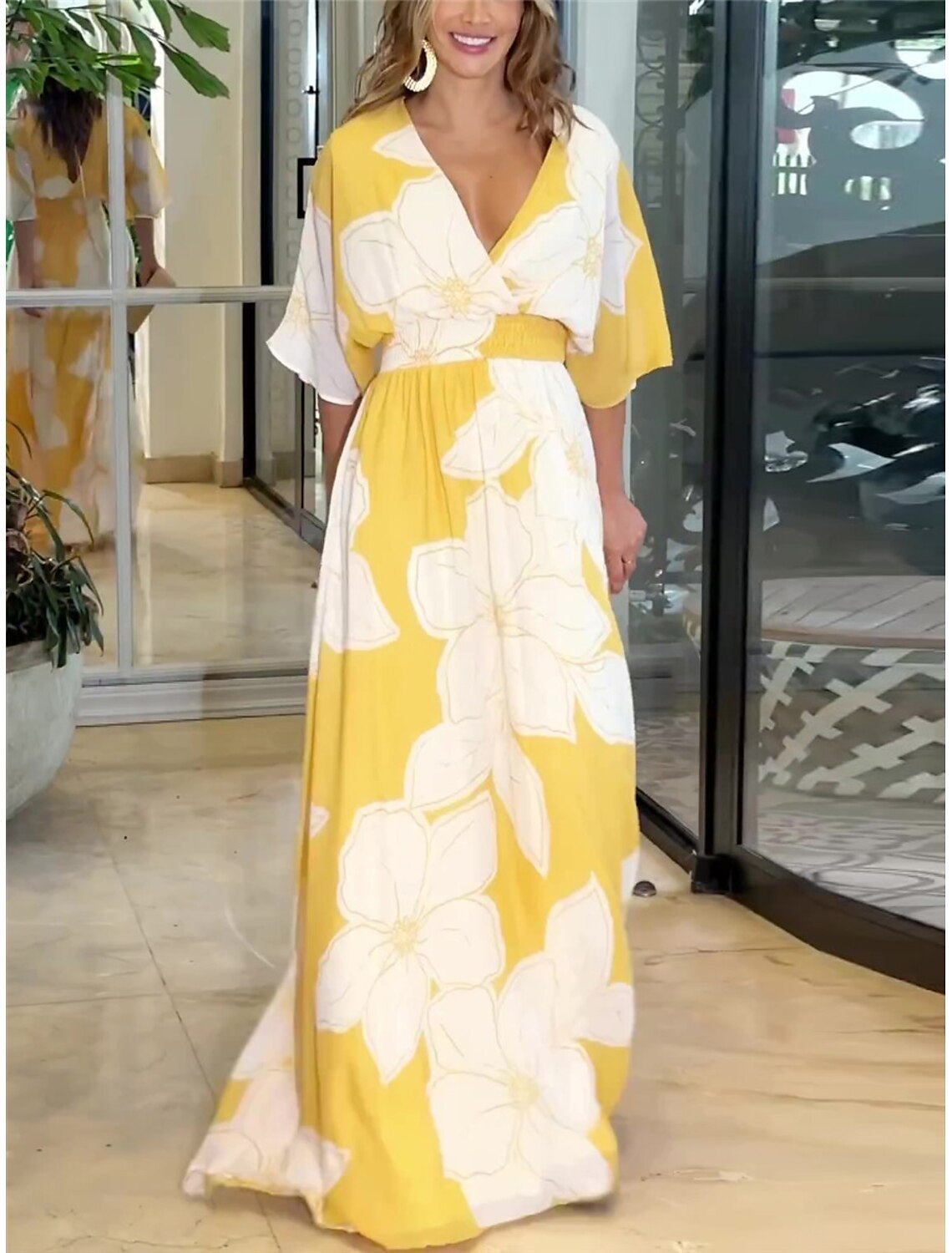 Flower Printed V-neck Batwing-sleeved Dress Fashion Elegant Backless Long Dresses Women's Garments Apparel / Clothing