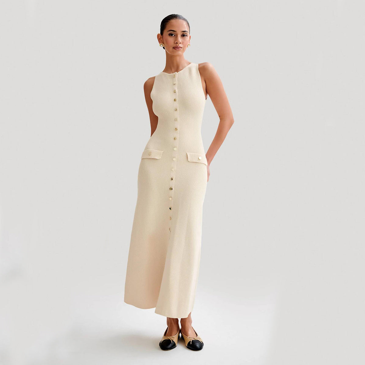 Elegant Knitted Sleeveless Dress With Single Breast Fashion Slim Round Neck Long Dresses Women's Garments Apparel / Clothing