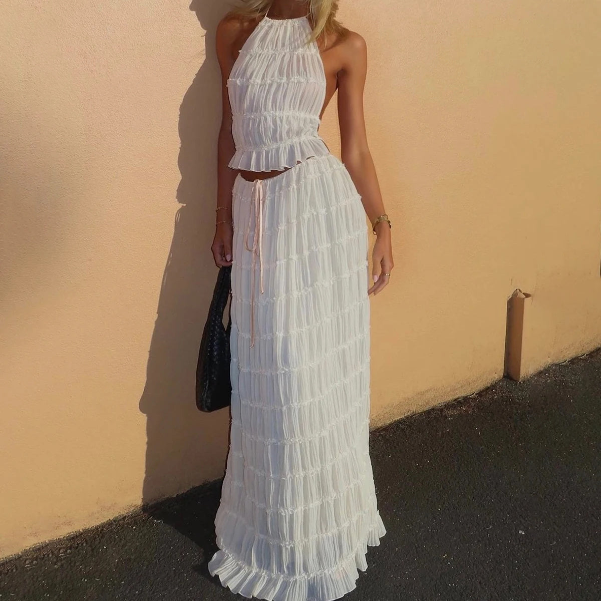 2pcs Women's Dress Suit Sexy Sleeveless Backless Cropped Halter Top And Pleated Long Skirt Beach Women's Garments Apparel / Clothing