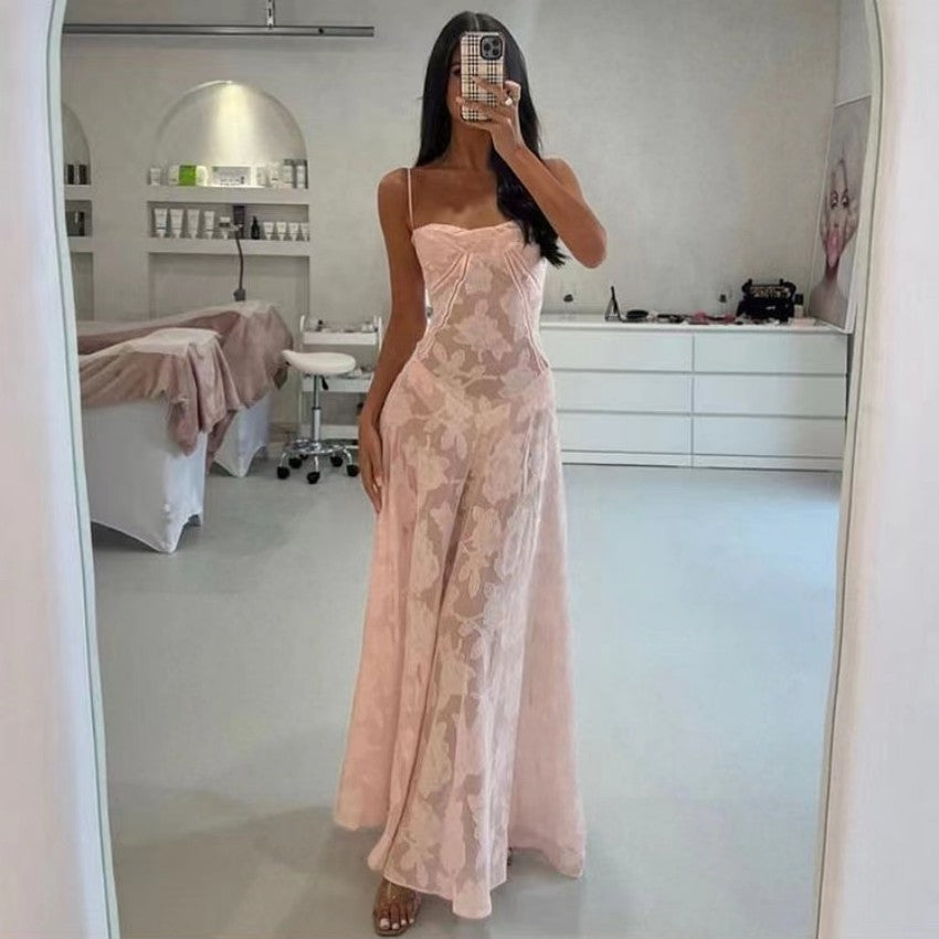 Sexy Flowers Lace Suspender Dress Summer Fashion Slim Back Lace-up Long Dresses Party Evening Club Clothing For Women's Garments Apparel / Clothing