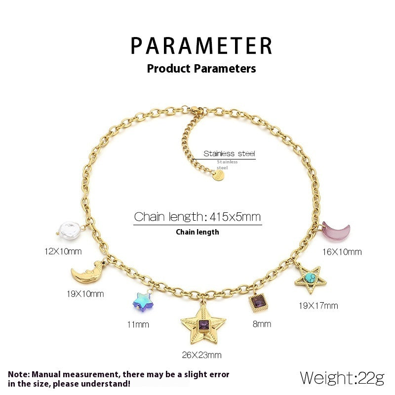 Fashion Personality Star Moon Color Artificial Glass Pearl Stainless Steel Necklace Jewelry/Accessories