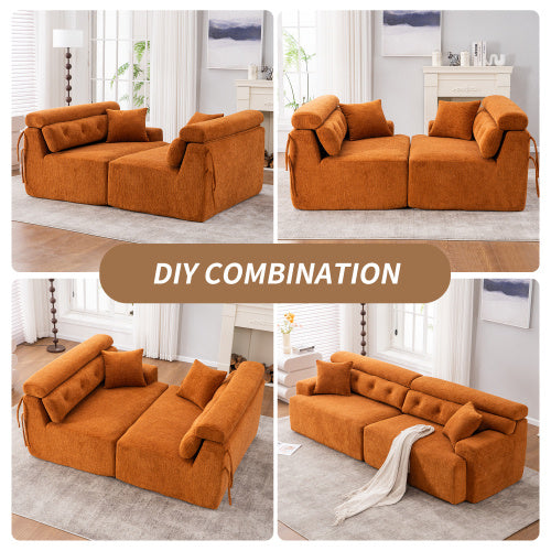LY-029 ORANGE COMPRESSION SOFA 4-seater Combined Sofa, Wood Grain Chenille Fabric, Full Sponge Compression Sofa,combined Sofa With 2 Pillows For Living Home Furniture Apartment Furniture