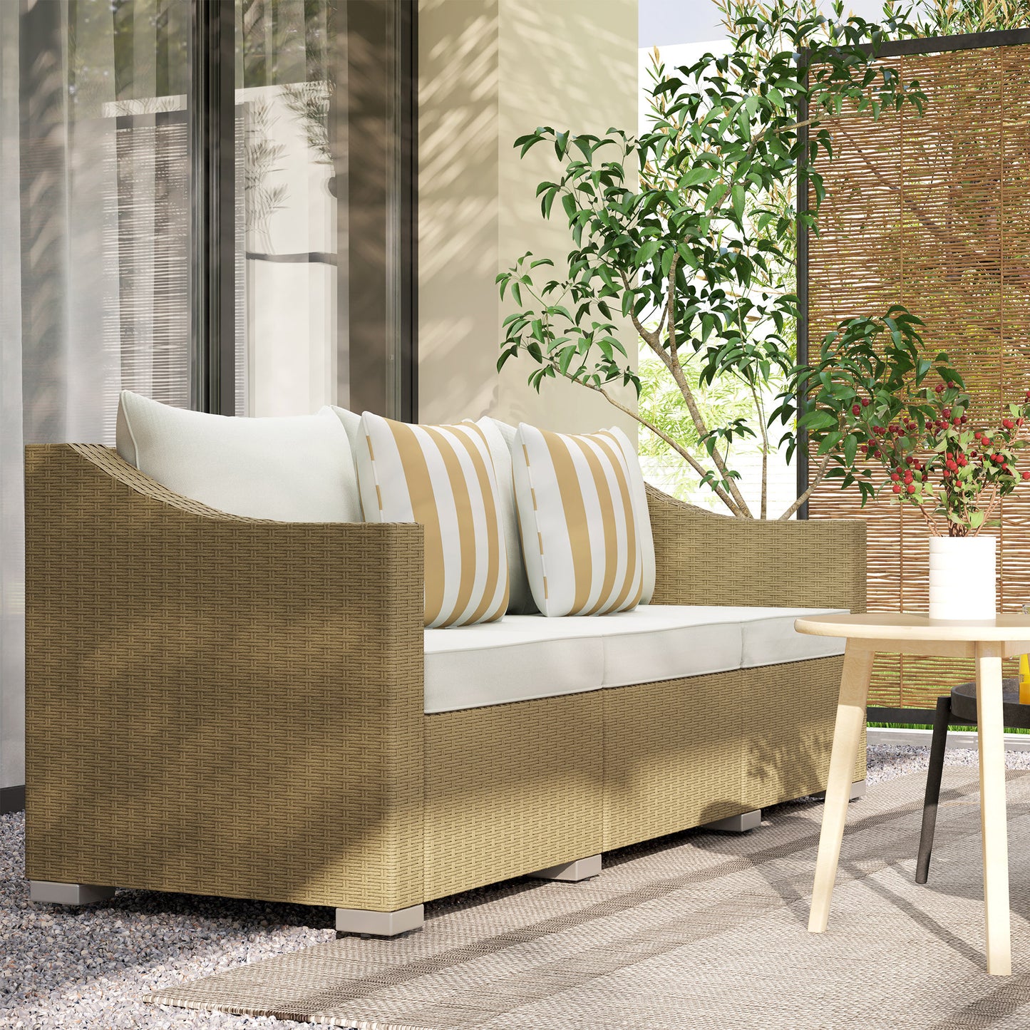 Rattan Wicker 3 Seater Patio Couch With Cushions, 2 Throw Pillows, Rattan Sofa, Cream White Outdoor Garden Patio Furniture