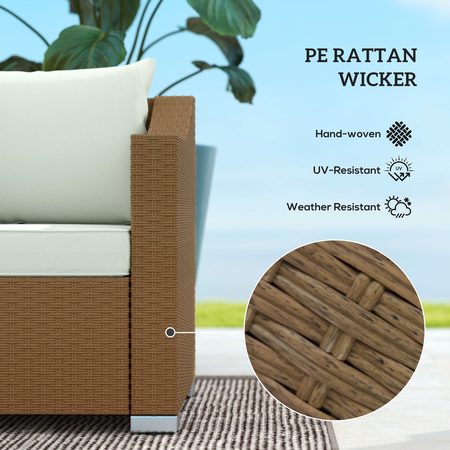 Rattan Wicker 3 Seater Patio Couch With Cushions, 2 Throw Pillows, Rattan Sofa, Light Gray Outdoor Garden Patio Furniture