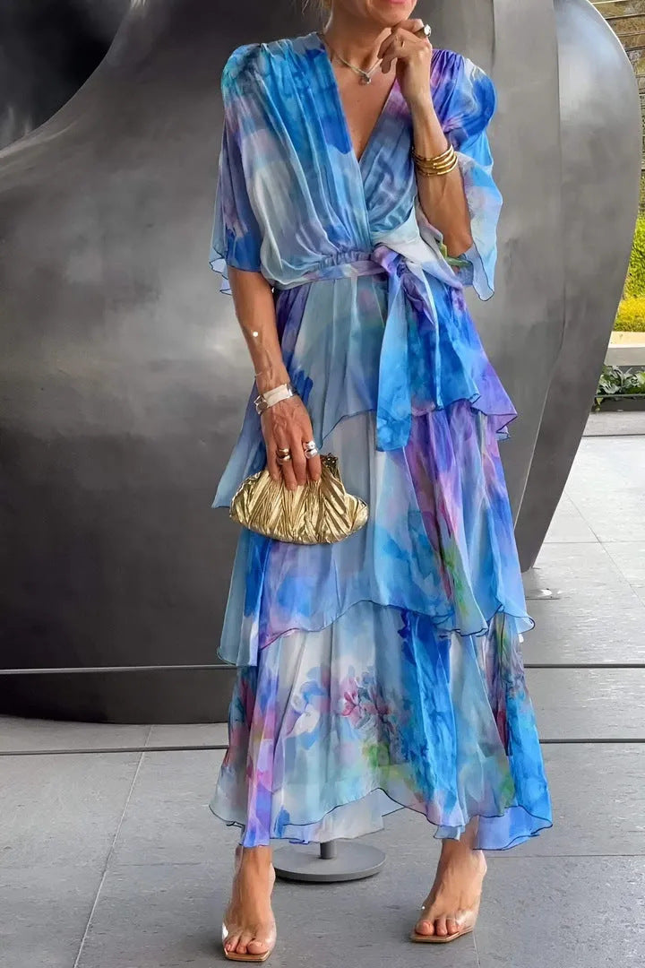 European And American Printing Layered Dress Women's Garments Apparel / Clothing
