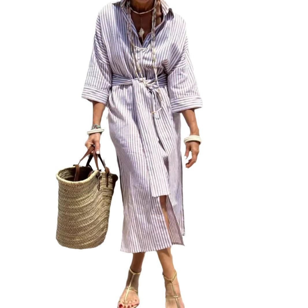 Striped Shirt Dress With Belt Fashion Half-sleeved Lapel Button Cardigan Dresses Women's Garments Apparel / Clothing