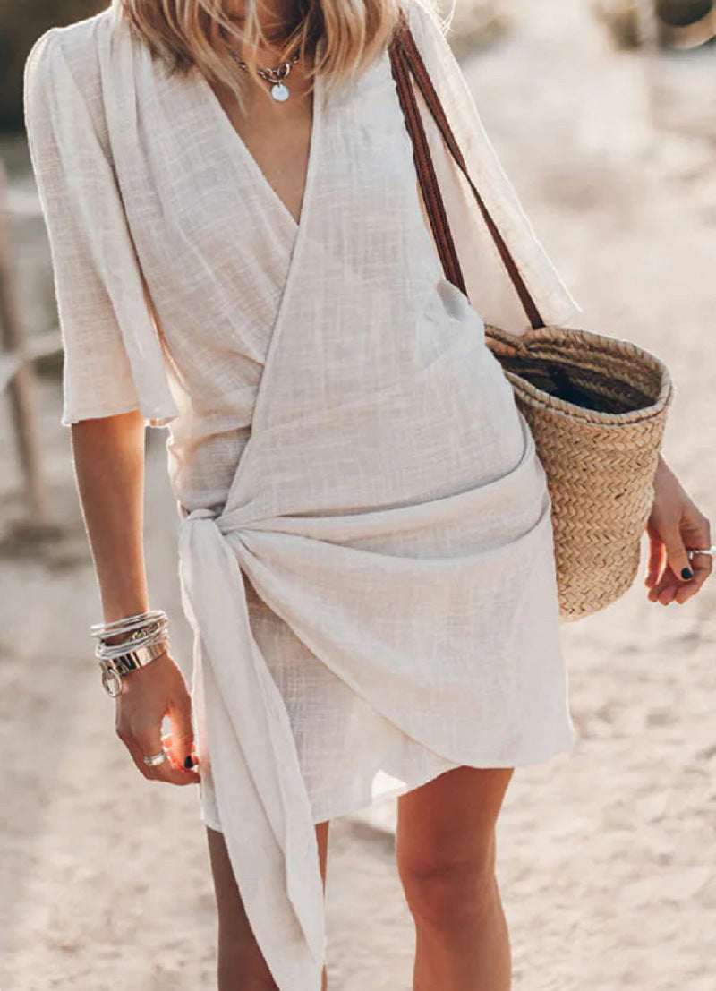 Cotton And Linen Cross V-neck Solid Color Dress Women's Garments Apparel / Clothing