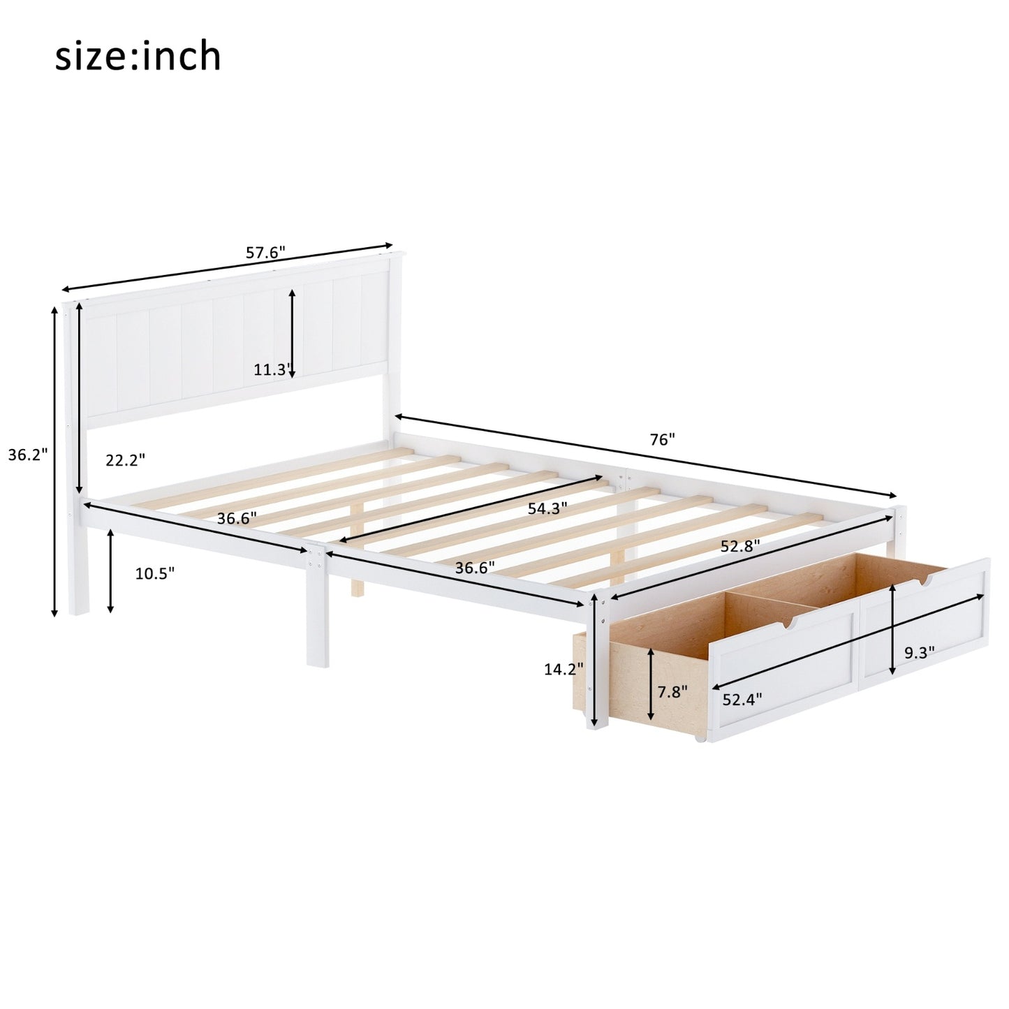 Full Size Platform Bed With Under-bed Drawers, White