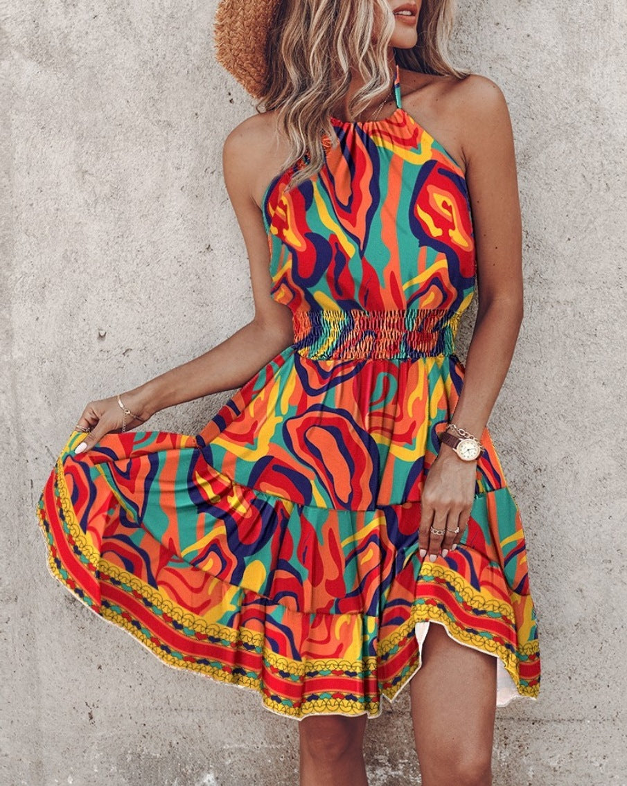 Summer European And American New Printed Halter Dress Women's Garments Apparel / Clothing