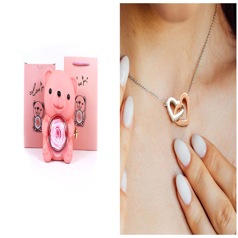 Eternal Rose Teddy Bear Gift Box with Necklace – Rotating Rose Jewelry Box & Storage Case for Women & Girlfriend, Perfect for Valentine's Day, Wedding & More