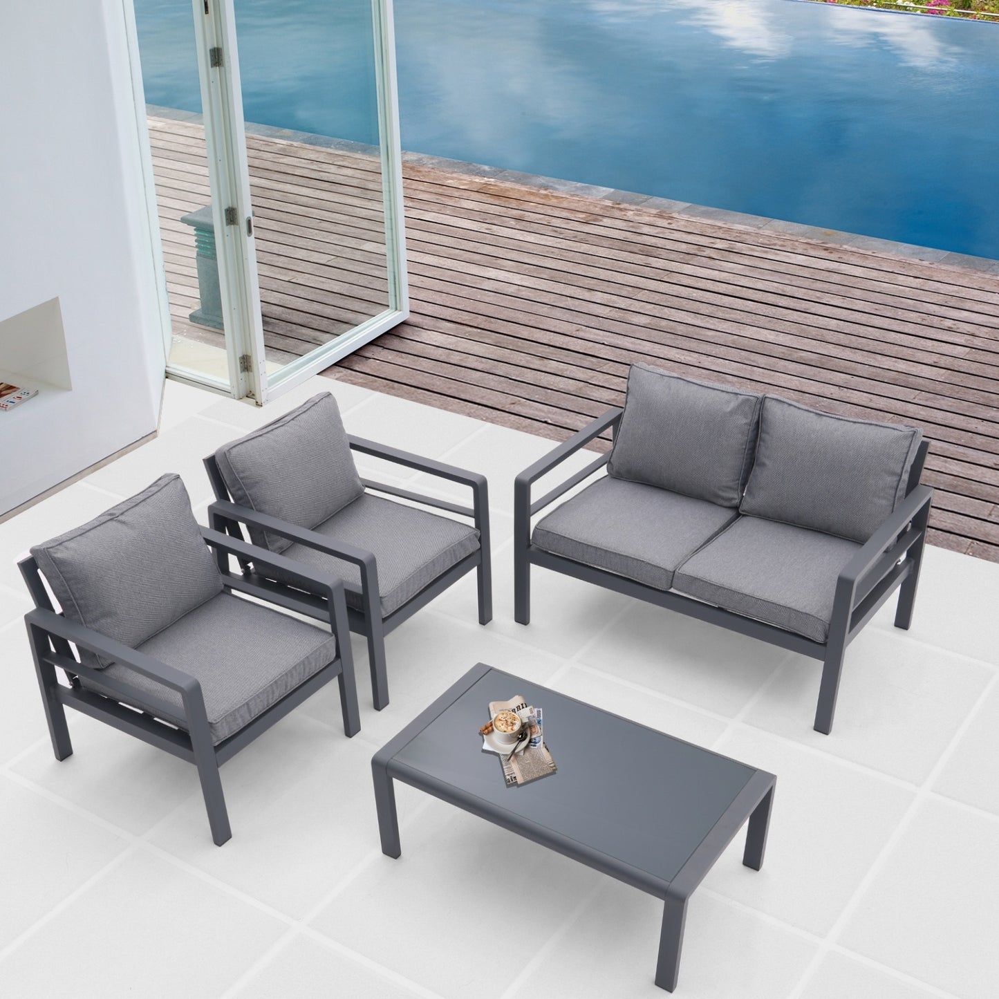 4-piece Aluminum Outdoor Patio Conversation Set,All-Weather Sectional Sofa Outside Furniture With R