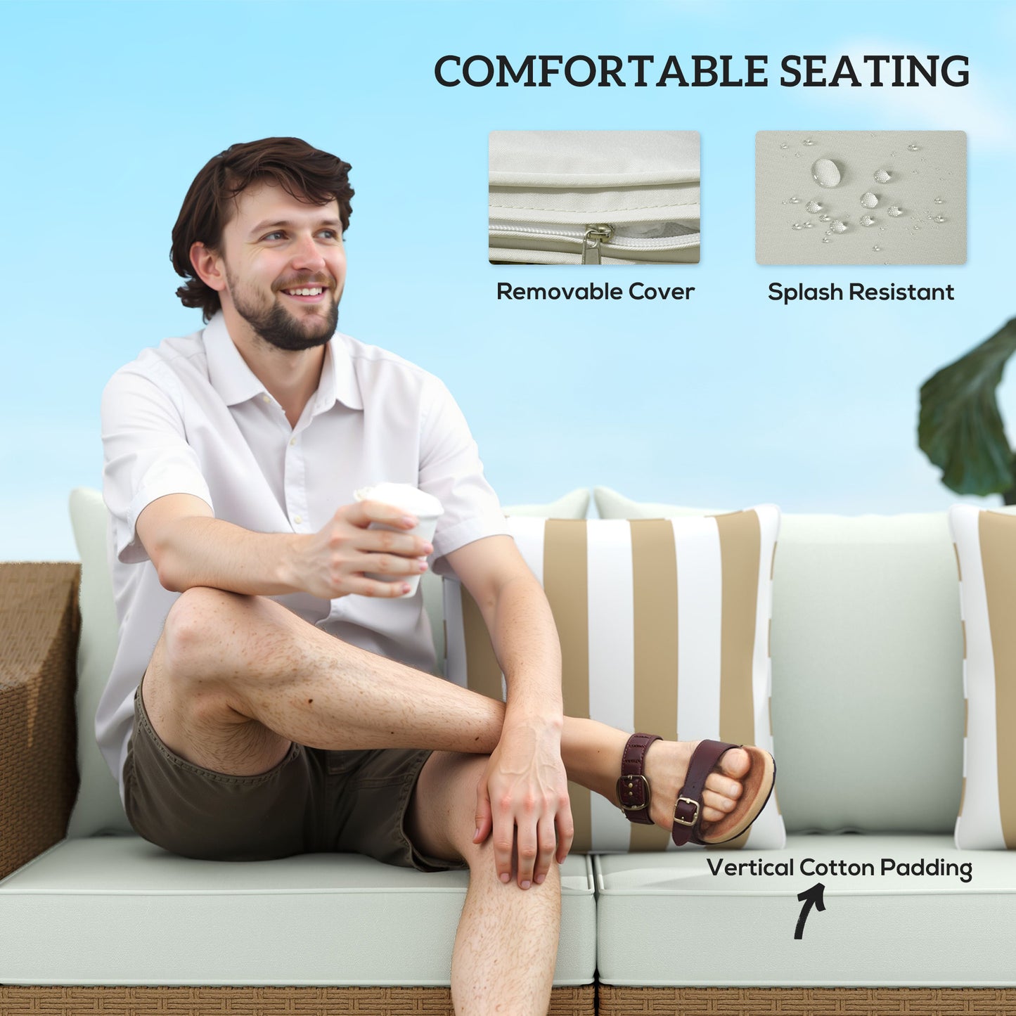 Rattan Wicker 3 Seater Patio Couch With Cushions, 2 Throw Pillows, Rattan Sofa, Light Gray Outdoor Garden Patio Furniture
