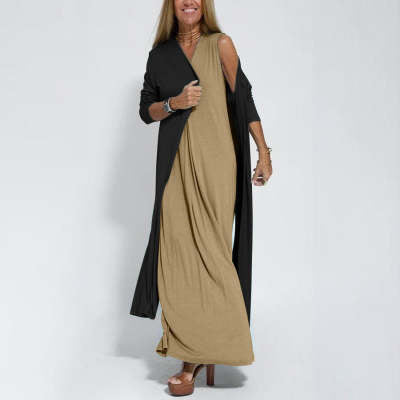 New Solid Color V-neck Sleeveless Dress Long Cardigan Jacket Suit For Women's Garments Apparel / Clothing