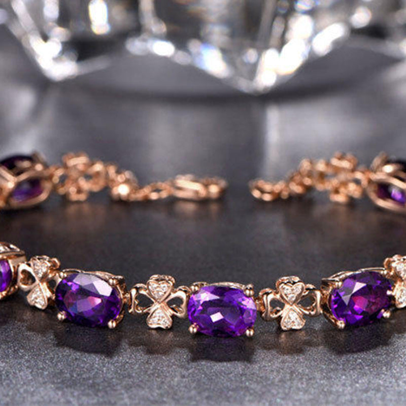 Quality Ear Hook Purple Gemstone Diamond Ring Rose Gold Collarbone Necklace Set Jewelry/Accessories