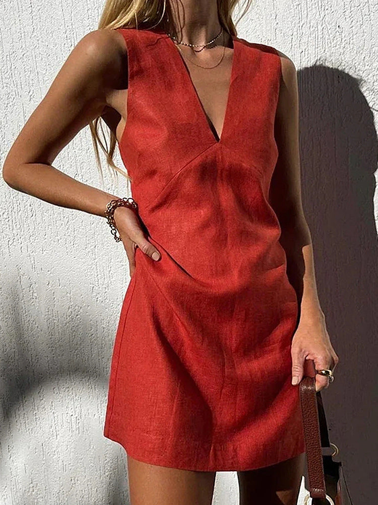 V-neck Cotton And Linen Sleeveless Dress Women's Solid Color Vest Short Skirt Women's Garments Apparel / Clothing